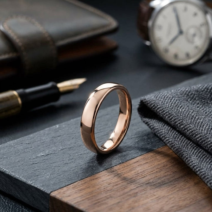 4.5mm Flat Comfort-Fit Wedding Band in 14K Rose Gold, on walnut surface with pocket square