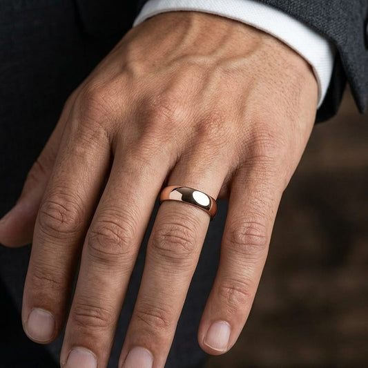 7.5mm Deluxe Comfort-Fit Wedding Band in 14K Rose Gold, worn on hand, masculine close-up