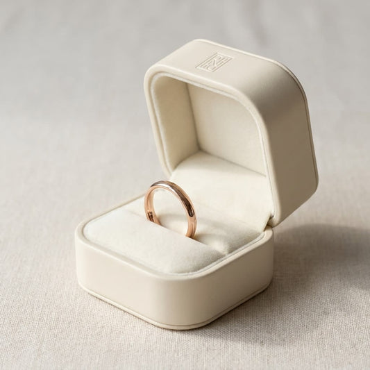 2mm Slightly Domed Comfort-Fit Wedding Band in 14K Rose Gold, in navy velvet jewelry box
