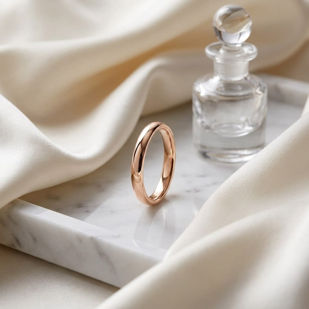 3mm Slightly Domed Comfort-Fit Wedding Band in 14K Rose Gold, on marble vanity tray with silk
