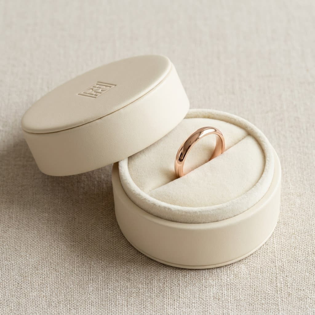 3mm Slightly Domed Comfort-Fit Wedding Band in 14K Rose Gold, in navy velvet jewelry box
