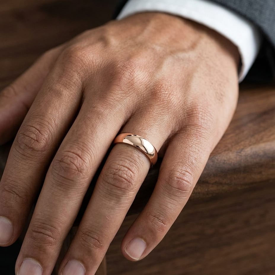 7mm Slightly Domed Comfort-Fit Wedding Band in 14K Rose Gold, worn on hand, masculine close-up