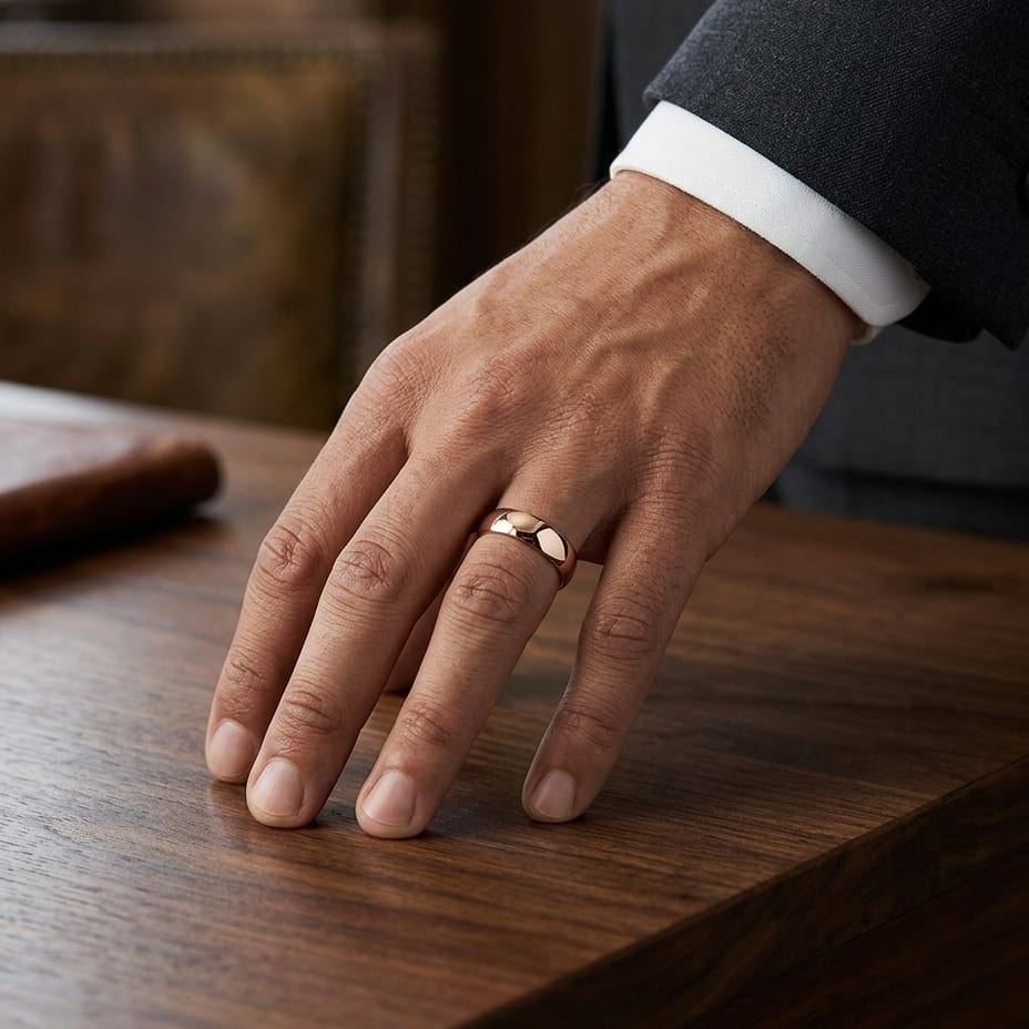 7mm Slightly Domed Comfort-Fit Wedding Band in 14K Rose Gold, worn on hand, masculine full view