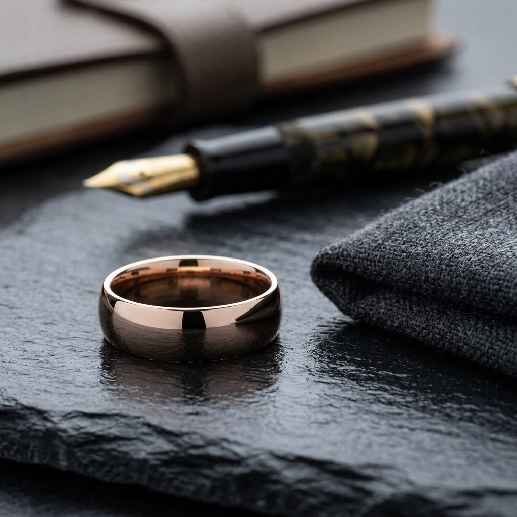 7mm Slightly Domed Comfort-Fit Wedding Band in 14K Rose Gold, on walnut surface with pocket square