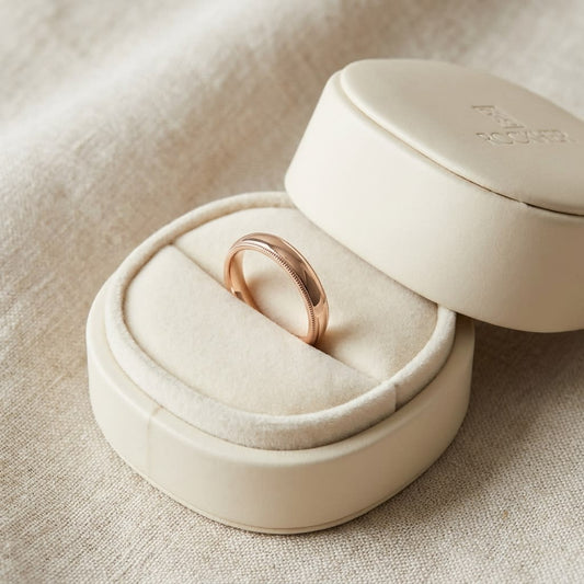 4mm Slightly Domed Milgrain Comfort-Fit Wedding Band in 14K Rose Gold, in navy velvet jewelry box