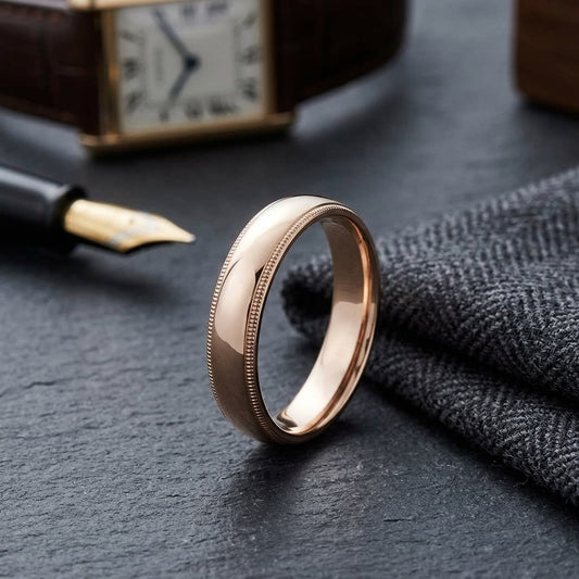5mm Slightly Domed Milgrain Comfort-Fit Wedding Band in 14K Rose Gold, on walnut surface with pocket square
