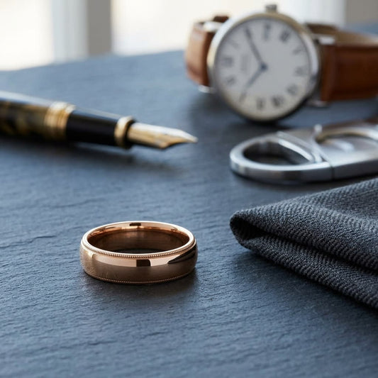 6mm Slightly Domed Milgrain Comfort-Fit Wedding Band in 14K Rose Gold, on walnut surface with pocket square
