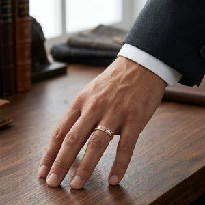5mm Slightly Domed Double Milgrain Comfort-Fit Wedding Band in 14K Rose Gold, worn on hand, masculine full view