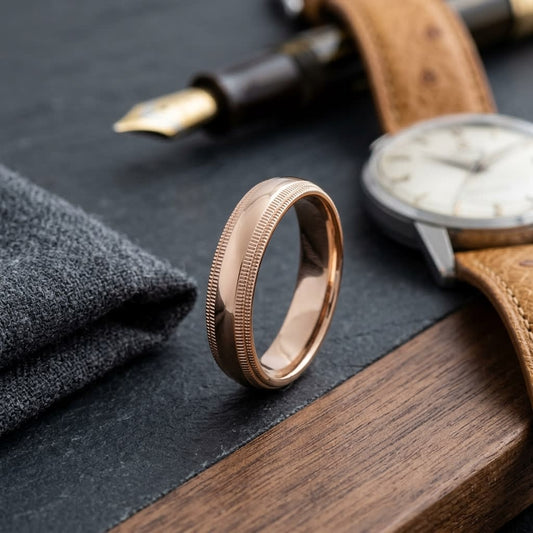 5mm Slightly Domed Double Milgrain Comfort-Fit Wedding Band in 14K Rose Gold, on walnut surface with pocket square