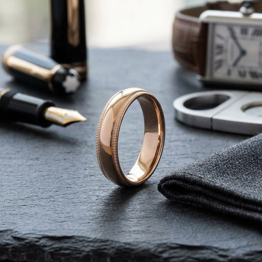 6mm Slightly Domed Double Milgrain Comfort-Fit Wedding Band in 14K Rose Gold, on walnut surface with pocket square