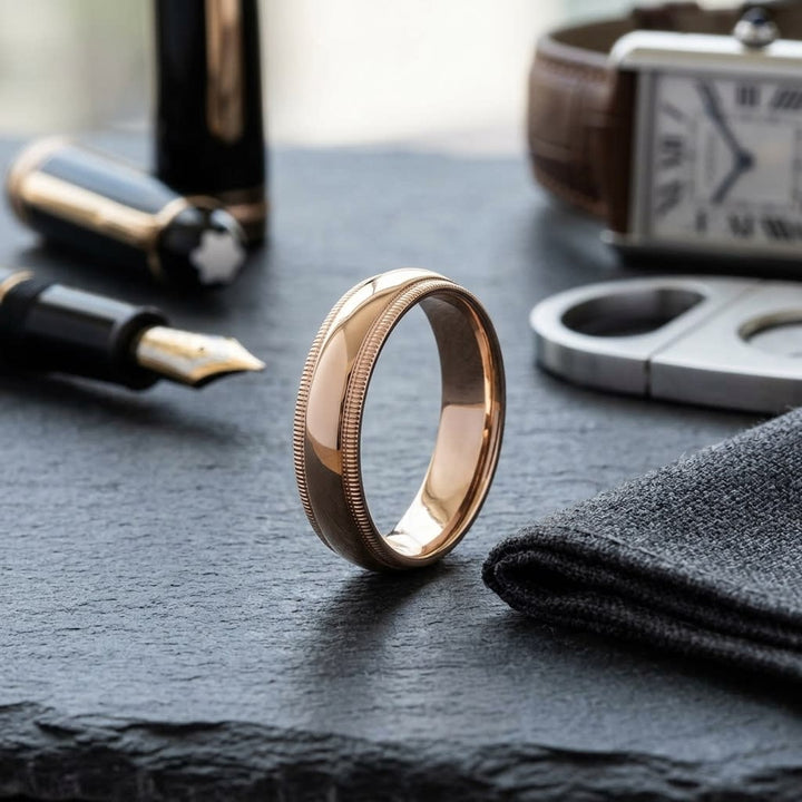 6mm Slightly Domed Double Milgrain Comfort-Fit Wedding Band in 14K Rose Gold, on walnut surface with pocket square