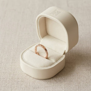 2mm High Polish Carved Wedding Band in 14K Rose Gold, in navy velvet jewelry box