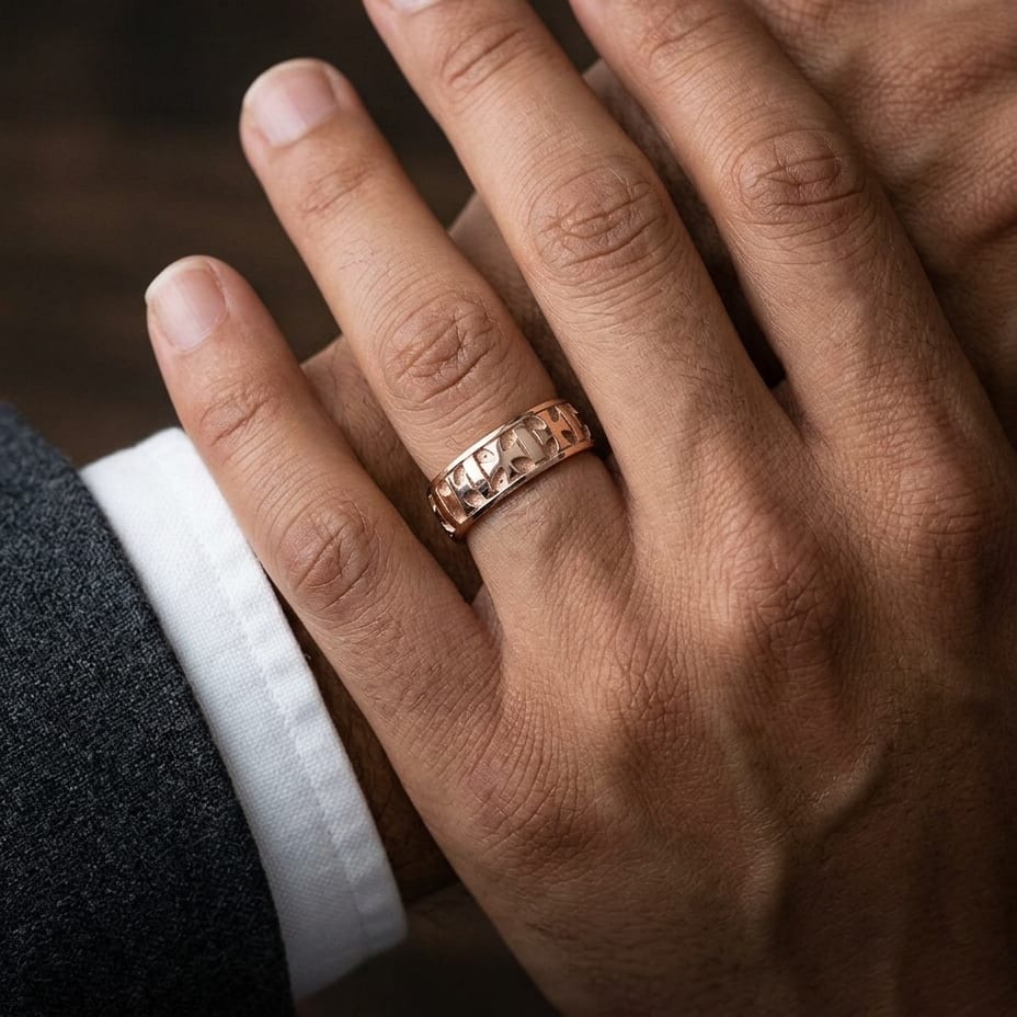 6mm Comfort-Fit Wedding Band in 14K Rose Gold, worn on hand, masculine close-up
