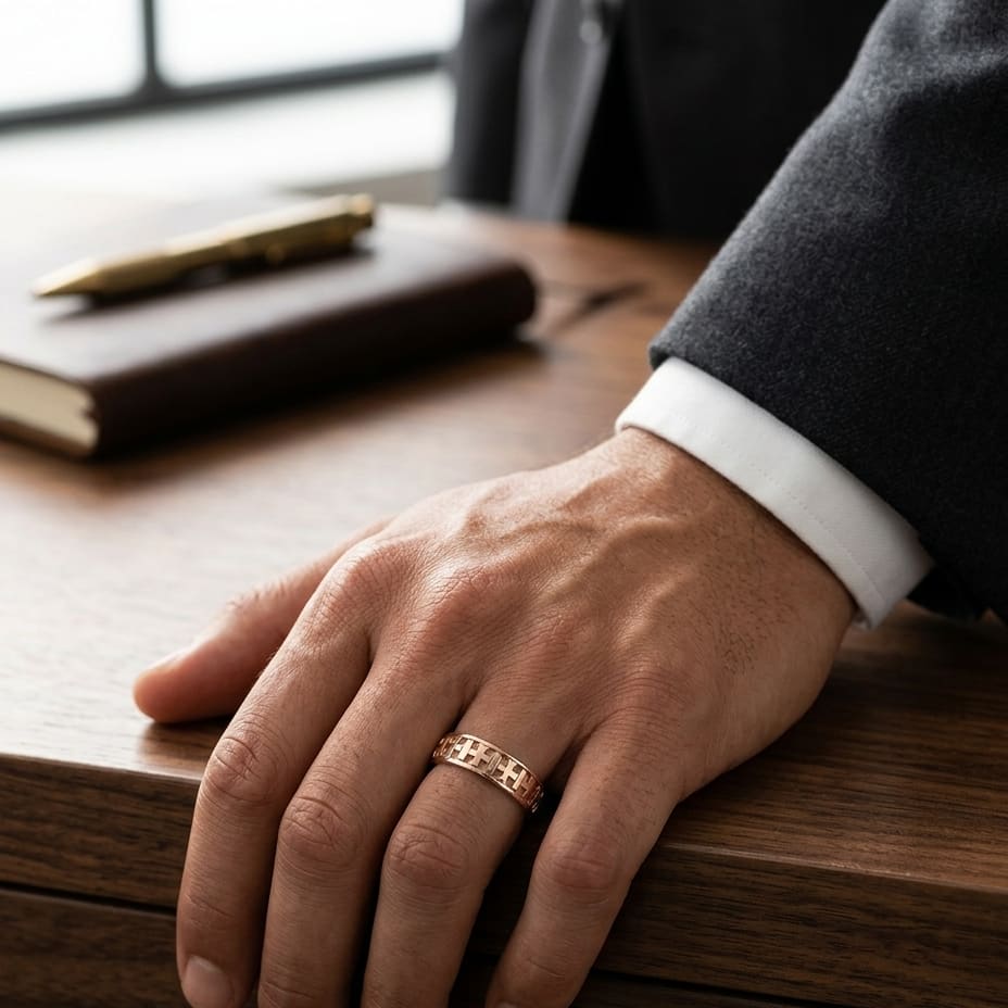 6mm Comfort-Fit Wedding Band in 14K Rose Gold, worn on hand, masculine full view