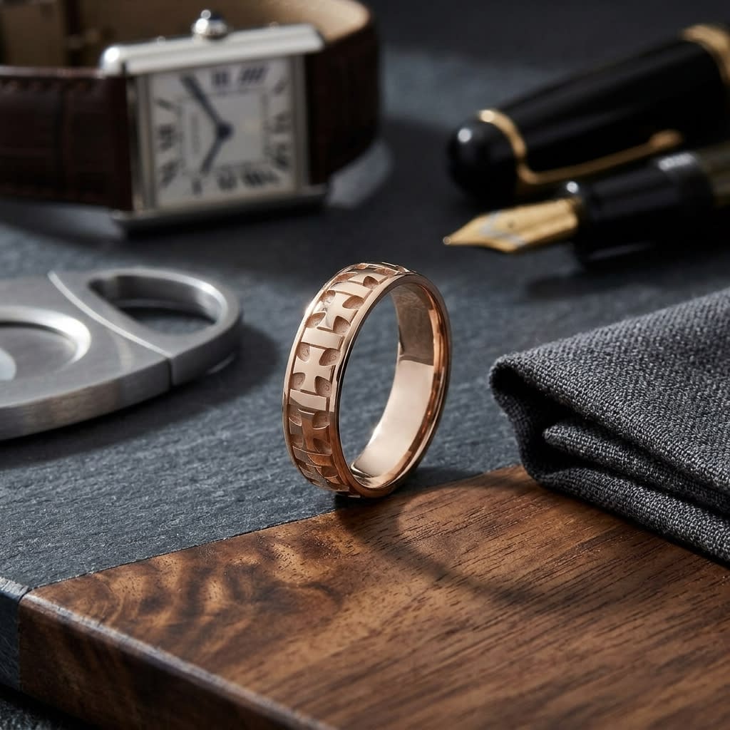 6mm Comfort-Fit Wedding Band in 14K Rose Gold, on walnut surface with pocket square