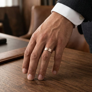 6mm Satin Finish High Polished Center Cut Carved Wedding Band in 14K Rose Gold, worn on hand, masculine full view