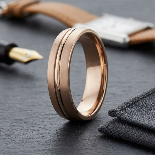 6mm Satin Finish High Polished Center Cut Carved Wedding Band in 14K Rose Gold, on walnut surface with pocket square