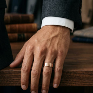 6mm Satin Finish Carved Wedding Band in 14K Rose Gold, worn on hand, masculine full view