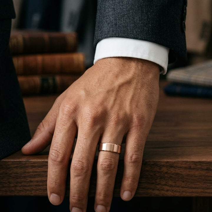 6mm Satin Finish Carved Wedding Band in 14K Rose Gold, worn on hand, masculine full view