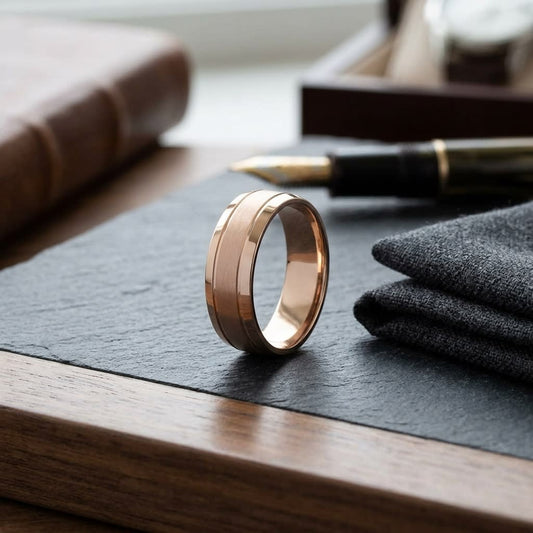 7mm Satin Finish High Polished Beveled Edge Carved Wedding Band in 14K Rose Gold, on walnut surface with pocket square