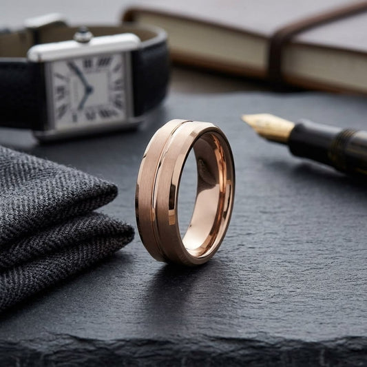 6mm Satin Finish Carved Wedding Band in 14K Rose Gold, on walnut surface with pocket square