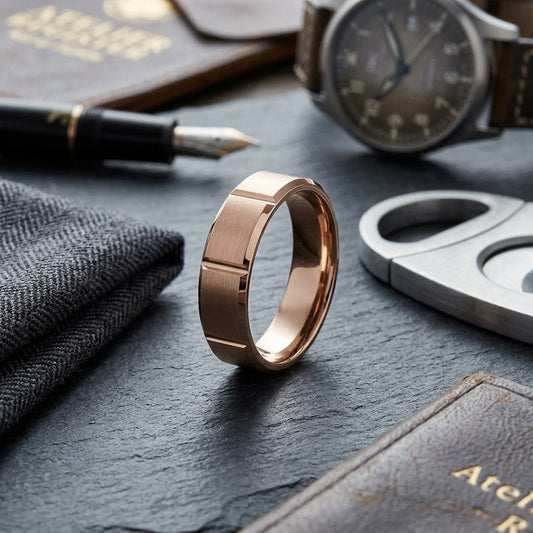 6mm Satin Finish Grooves Carved Wedding Band in 14K Rose Gold, on walnut surface with pocket square
