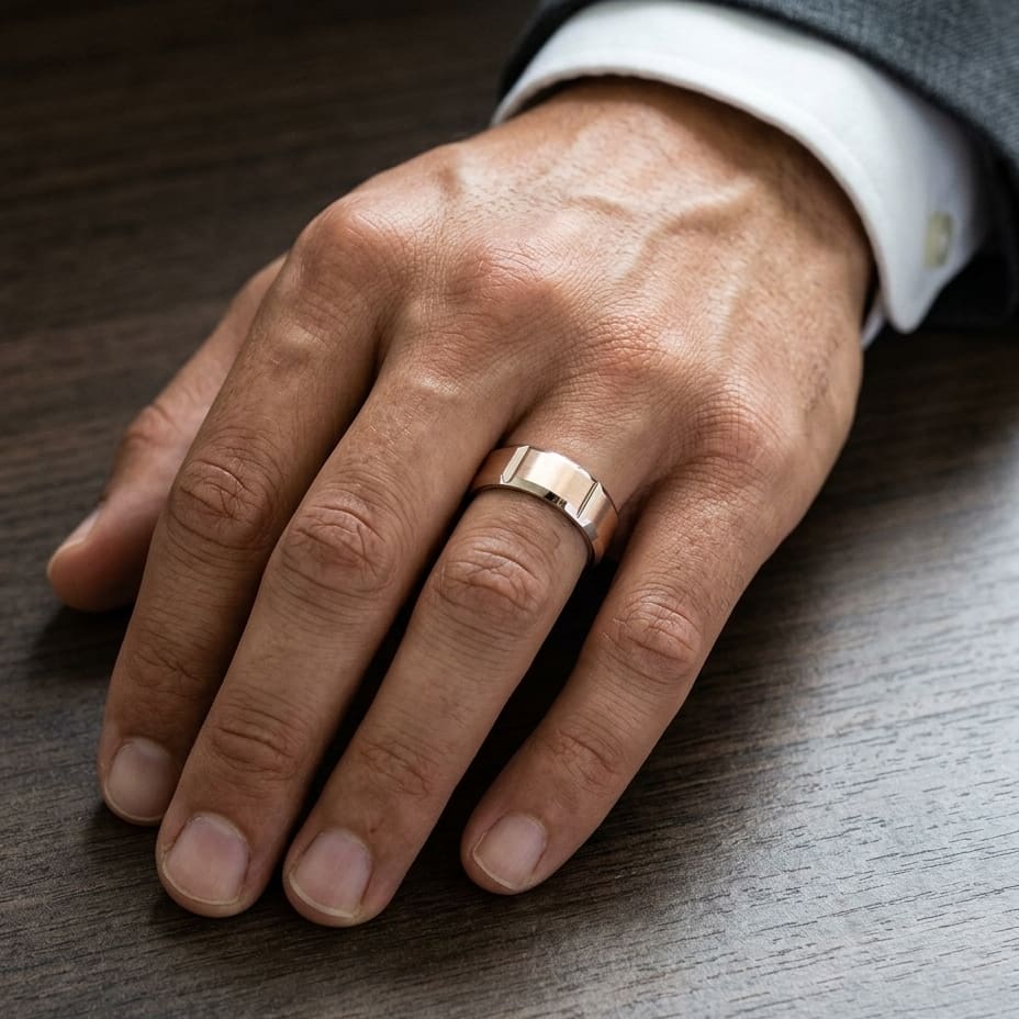 8mm Satin Finish Grooves Carved Wedding Band in 14K Rose Gold, worn on hand, masculine close-up