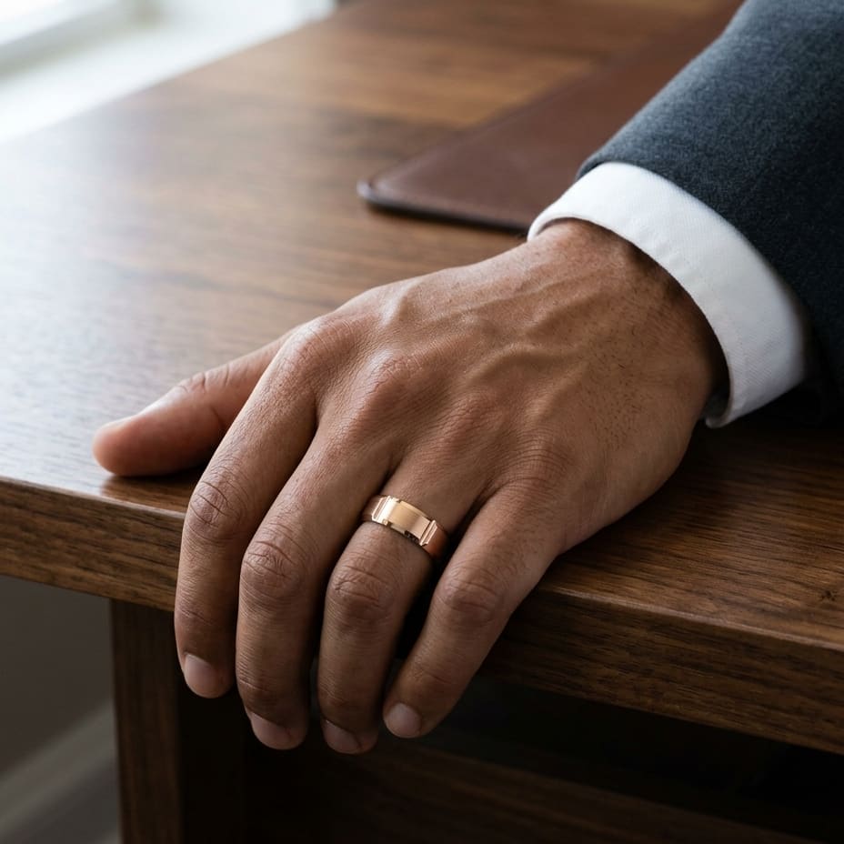 8mm Satin Finish Grooves Carved Wedding Band in 14K Rose Gold, worn on hand, masculine full view