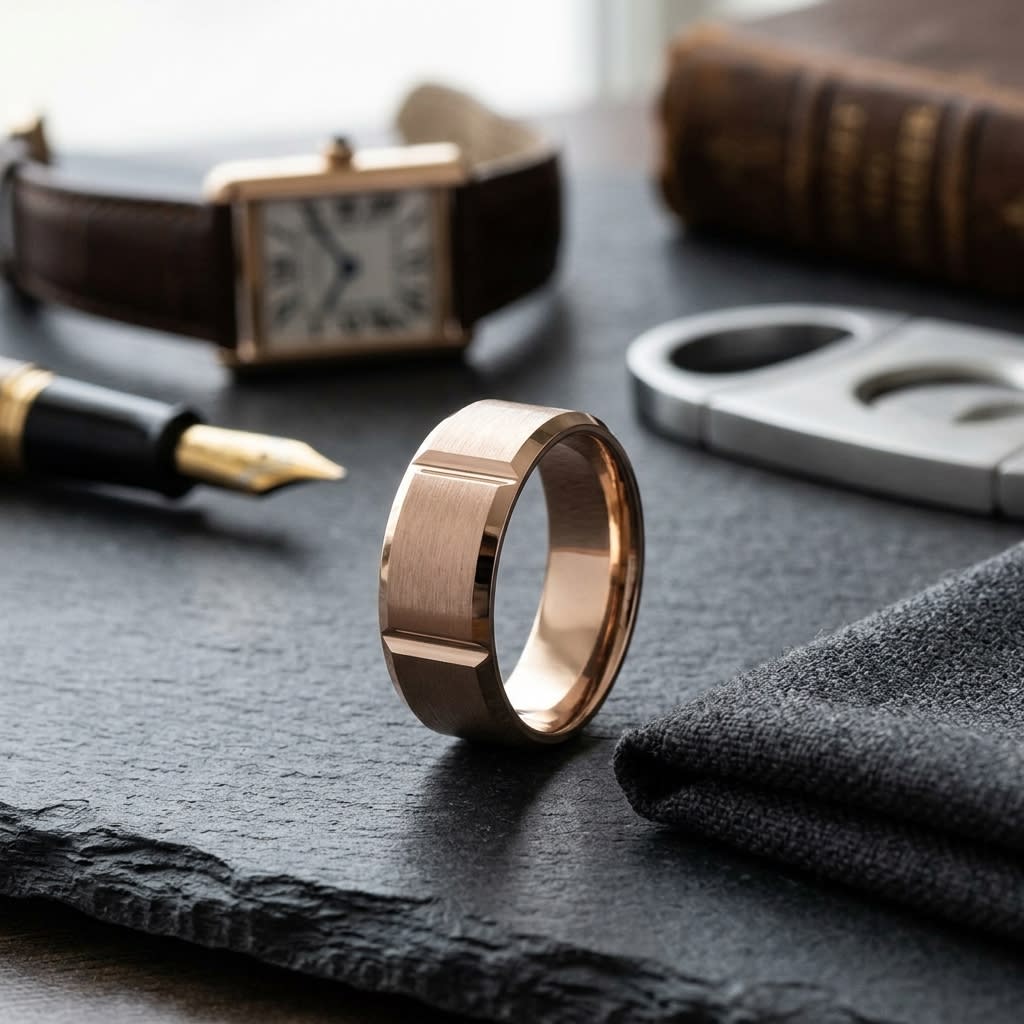 8mm Satin Finish Grooves Carved Wedding Band in 14K Rose Gold, on walnut surface with pocket square