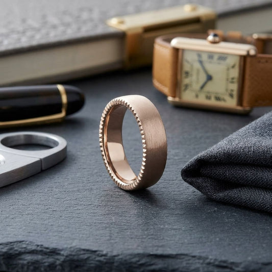 7.5mm Satin Finish Carved Wedding Band in 14K Rose Gold, on walnut surface with pocket square