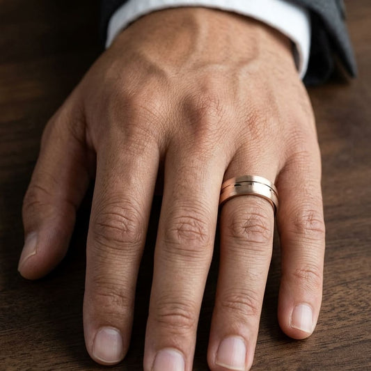 7.5mm Satin Finish High Polished Center Cut Carved Wedding Band in 14K Rose Gold, worn on hand, masculine close-up