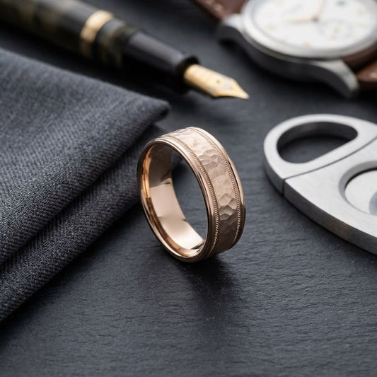 8mm Hammered Center High Polish Round Edge Carved Wedding Band in 14K Rose Gold, on walnut surface with pocket square