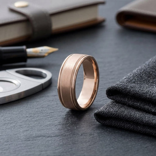 8mm Satin Finish Milgrain Round Edge Carved Wedding Band in 14K Rose Gold, on walnut surface with pocket square