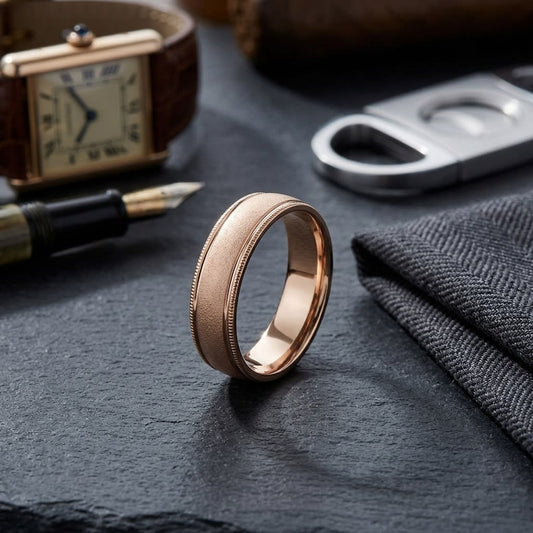 6mm Wired Finish High Polished Round Edge Carved Wedding Band in 14K Rose Gold, on walnut surface with pocket square