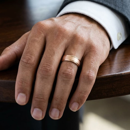 8mm Wire Brush High Polished Round Edge Carved Wedding Band in 14K Rose Gold, worn on hand, masculine close-up