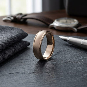 7mm Wired Finish High Polished Round Edge Carved Wedding Band in 14K Rose Gold, on walnut surface with pocket square