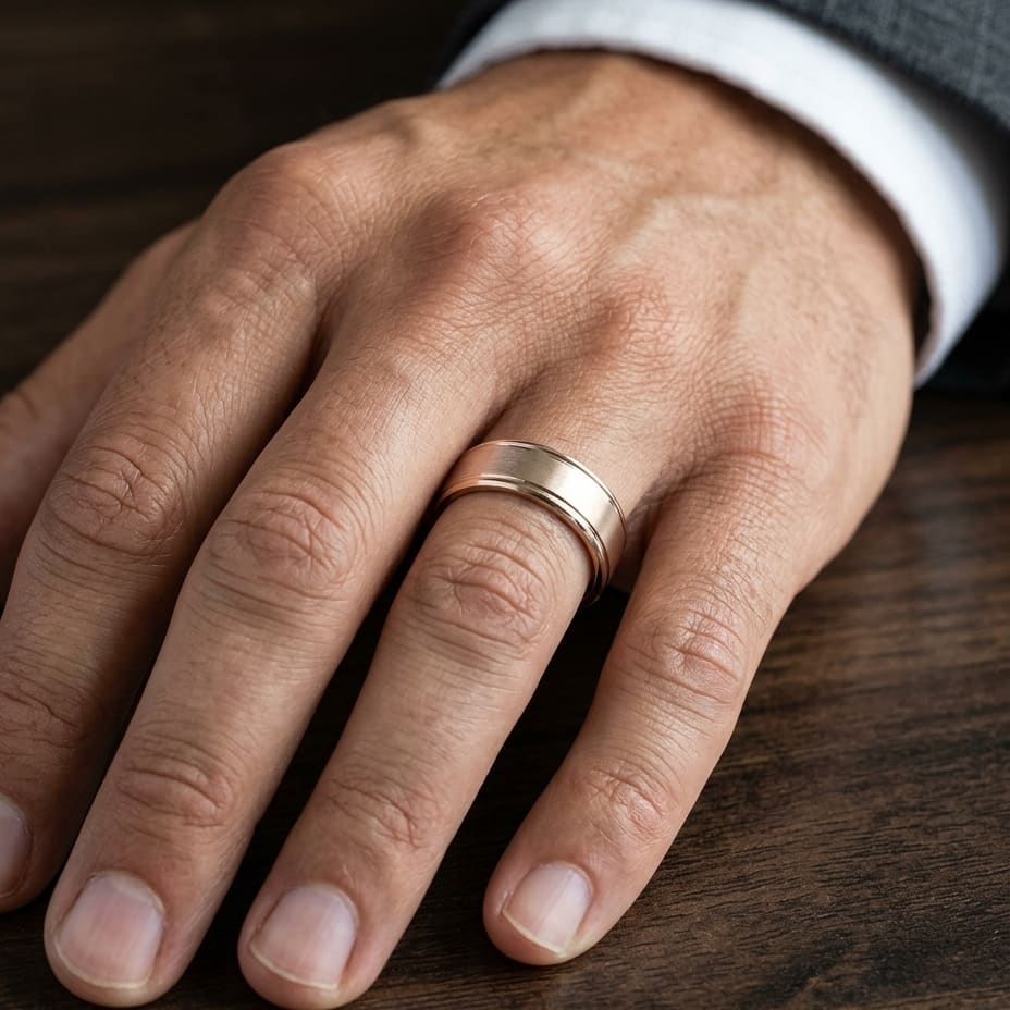 6mm Satin Finish High Polished Round Edge Carved Wedding Band in 14K Rose Gold, worn on hand, masculine close-up