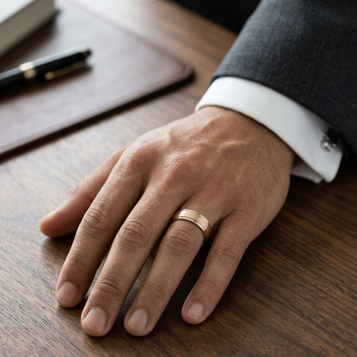 6mm Satin Finish High Polished Round Edge Carved Wedding Band in 14K Rose Gold, worn on hand, masculine full view