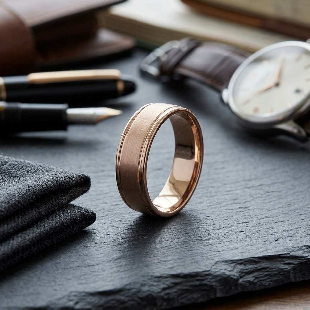 6mm Satin Finish High Polished Round Edge Carved Wedding Band in 14K Rose Gold, on walnut surface with pocket square