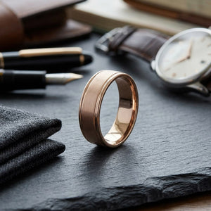 6mm Satin Finish High Polished Round Edge Carved Wedding Band in 14K Rose Gold, on walnut surface with pocket square