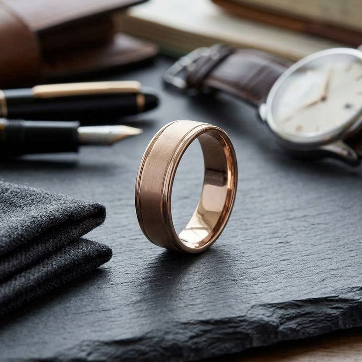 6mm Satin Finish High Polished Round Edge Carved Wedding Band in 14K Rose Gold, on walnut surface with pocket square
