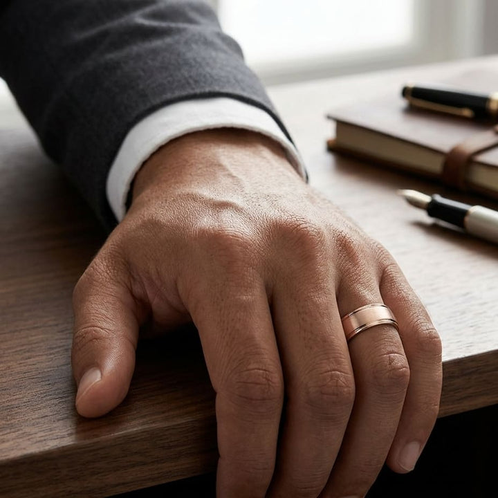 8mm Satin Finish High Polished Round Edge Carved Wedding Band in 14K Rose Gold, worn on hand, masculine full view