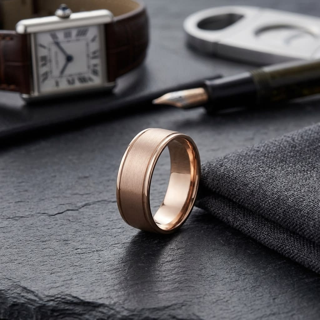8mm Satin Finish High Polished Round Edge Carved Wedding Band in 14K Rose Gold, on walnut surface with pocket square