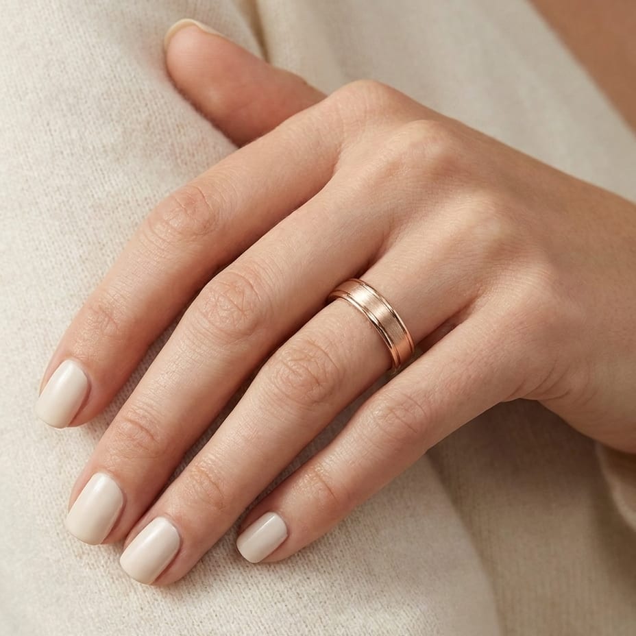 4mm Satin Finish High Polished Round Edge Carved Wedding Band in 14K Rose Gold, worn on hand, close-up