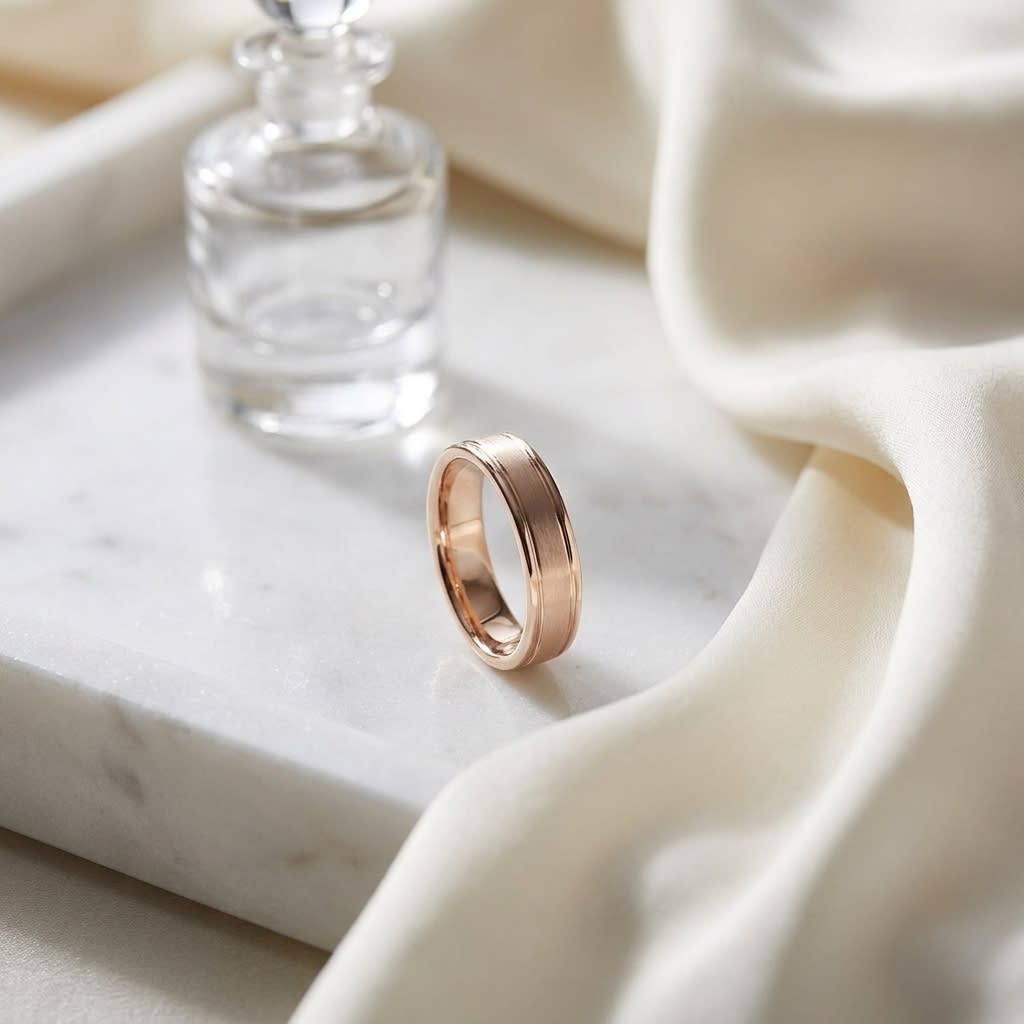 4mm Satin Finish High Polished Round Edge Carved Wedding Band in 14K Rose Gold, on marble vanity tray with silk