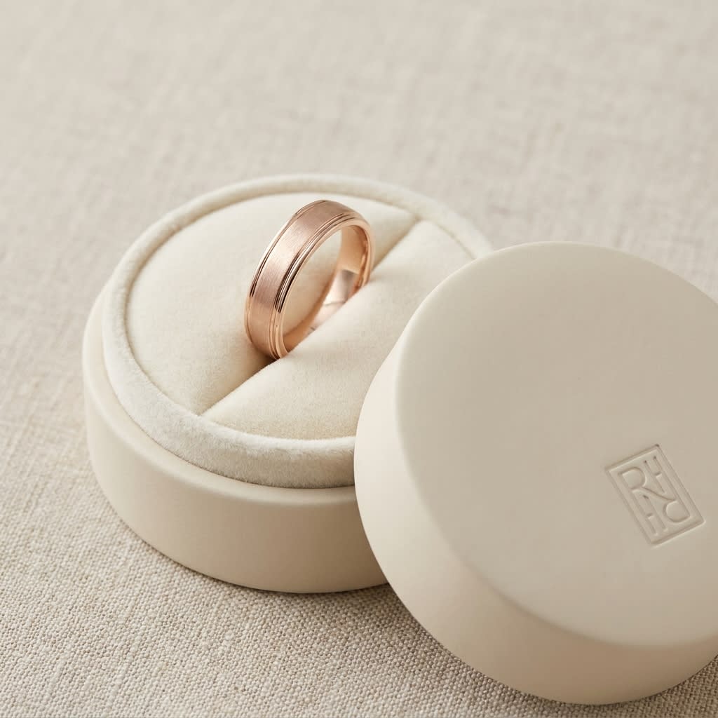 4mm Satin Finish High Polished Round Edge Carved Wedding Band in 14K Rose Gold, in navy velvet jewelry box
