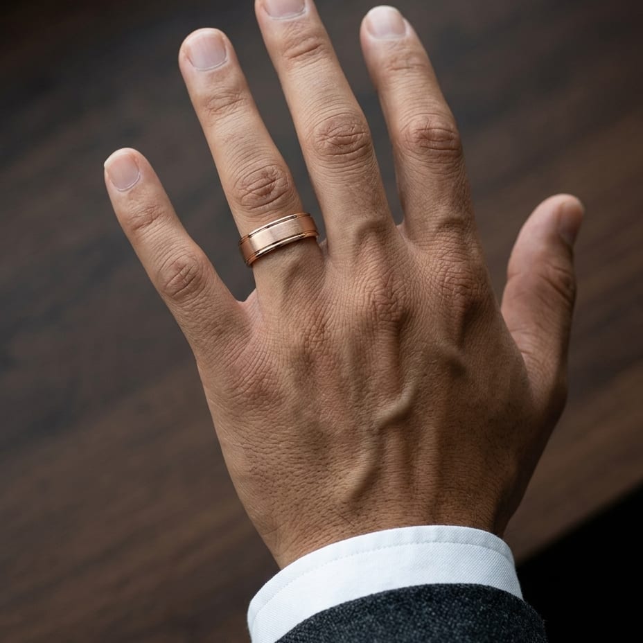 7mm Satin Finish High Polished Round Edge Carved Wedding Band in 14K Rose Gold, worn on hand, masculine close-up