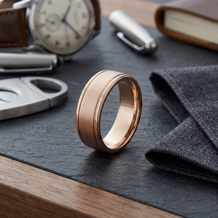 7mm Satin Finish High Polished Round Edge Carved Wedding Band in 14K Rose Gold, on walnut surface with pocket square