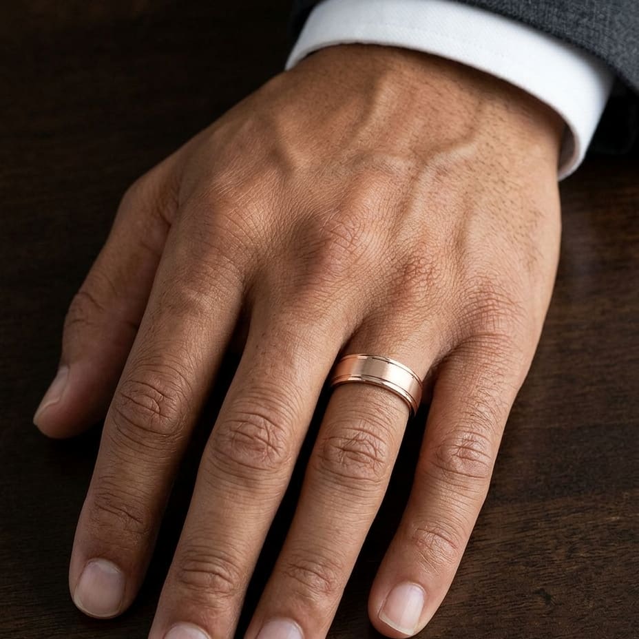 5mm Satin Finish High Polished Round Edge Carved Wedding Band in 14K Rose Gold, worn on hand, masculine close-up