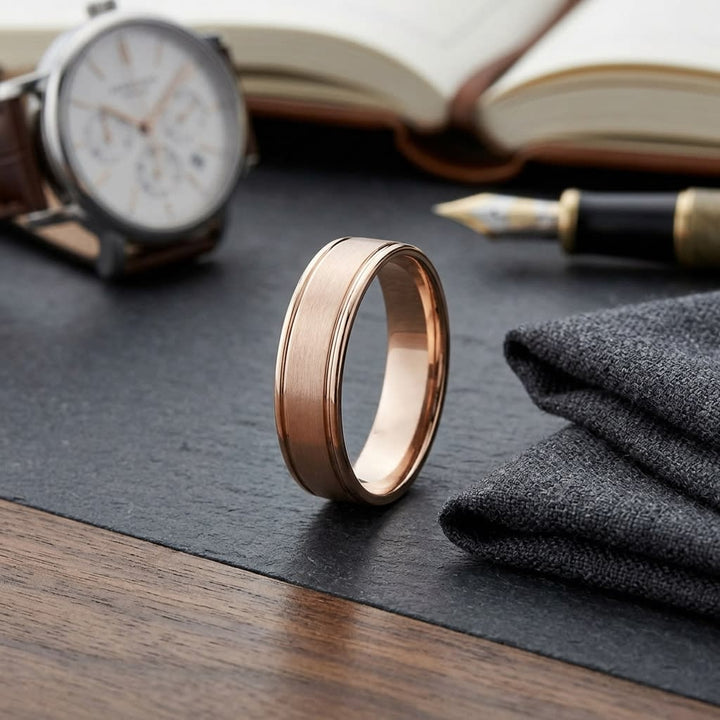 5mm Satin Finish High Polished Round Edge Carved Wedding Band in 14K Rose Gold, on walnut surface with pocket square